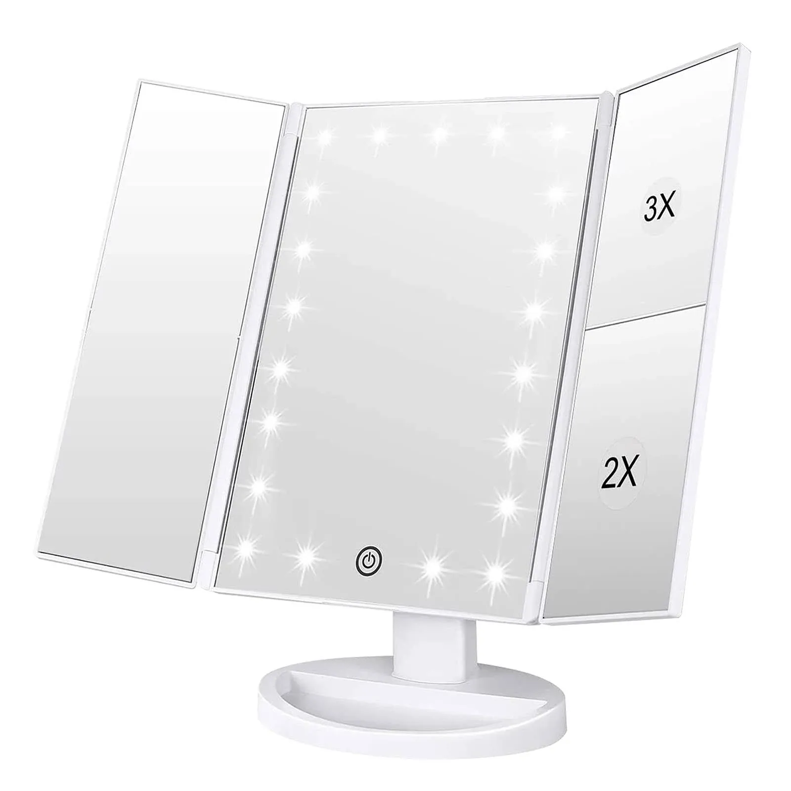 WEILY Makeup Mirror with 21 LED Lights,Two Power Supply Modes, Adjustable Touch Screen and 1x/2x/3x Magnification Tri-Fold Vanity Mirror