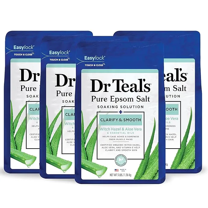 Dr Teal's Pure Epsom Salt Soak, Clarify & Smooth with Witch Hazel & Aloe Vera, 3 Pound (Pack of 4) (Packaging May Vary)Dr Teal's Pure Epsom Salt Soak, Clarify & Smooth with Witch Hazel & Aloe Vera, 3 Pound (Pack of 4) (Packaging May Vary)