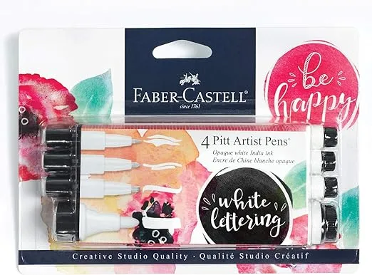 Faber-Castell White Pitt Artist Pen Set - 4 Opaque White India Ink Artist Markers - Lettering and Illustration Marker Set