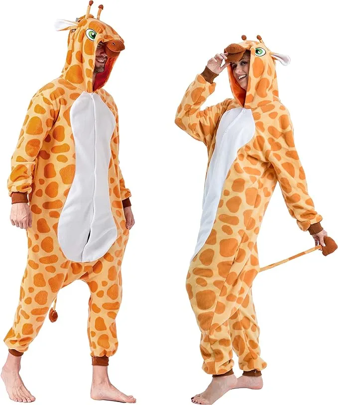 Spooktacular Creations Unisex Adult Giraffe Pajama Plush Jumpsuit Pajamas with Hat and Tail for Halloween Costume Party