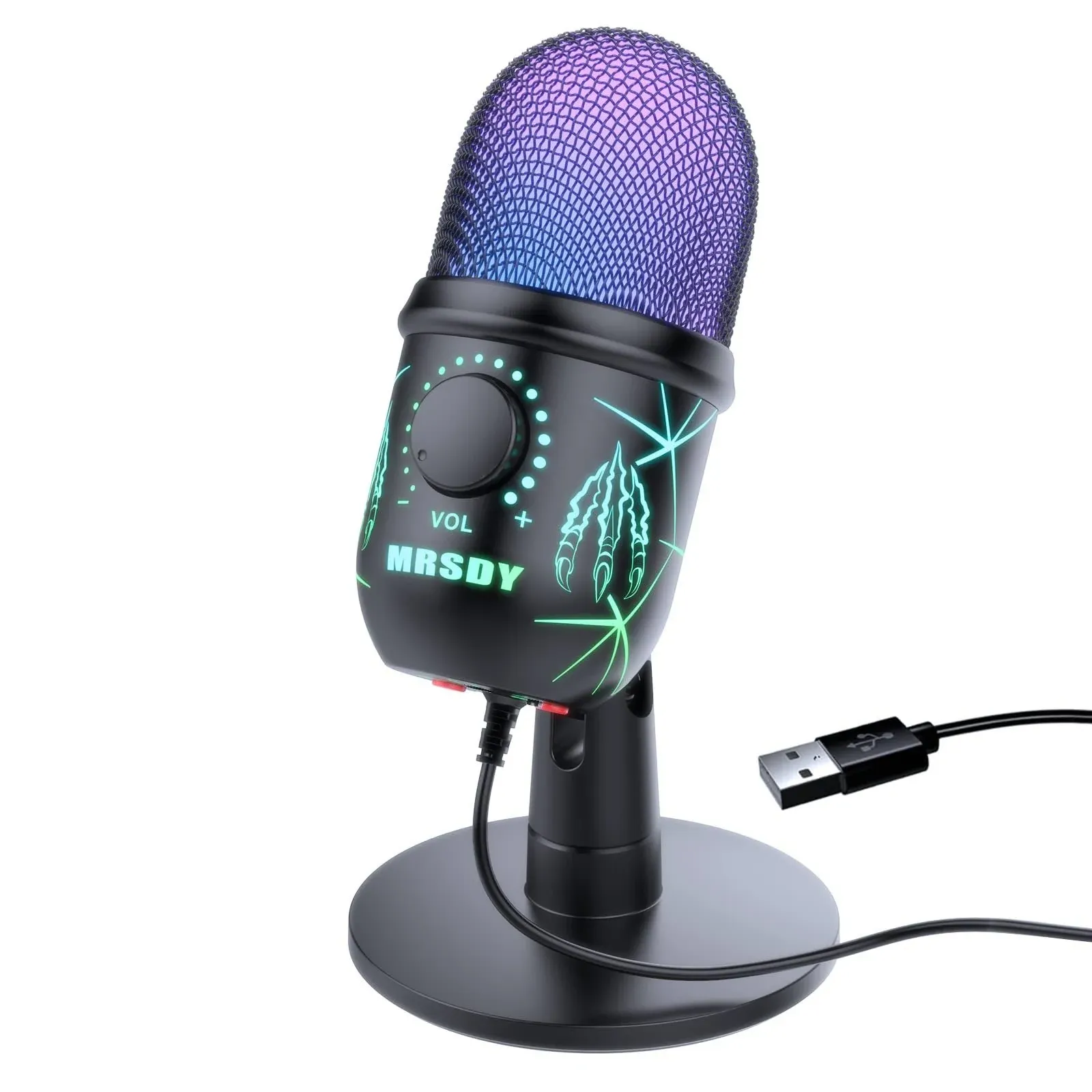 Gaming Microphone, USB Computer Microphone for PC, Mac, PS4/5, Condenser Podcast Mic for Studio Recording, YouTube, Streaming, with Headphone Jack, Led Light, Mute, Gain, Noise Cancellation