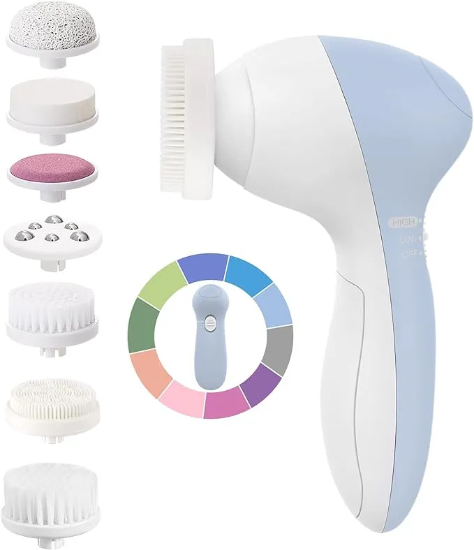 Facial Cleansing Brush Silicone Face Scrubber: 7 in 1 FBS-D Electric Exfoliating Rotating Massage Device Waterproof Deep Cleaning Exfoliation Spa Machine - Electronic Skin Care Wash System