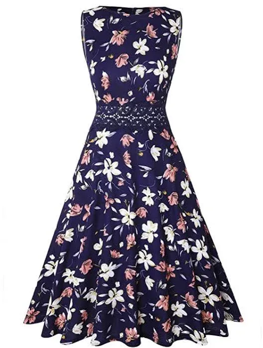 OWIN Women&#039;s Vintage Floral Lace Flared Swing Casual Party Cocktail Dress Large