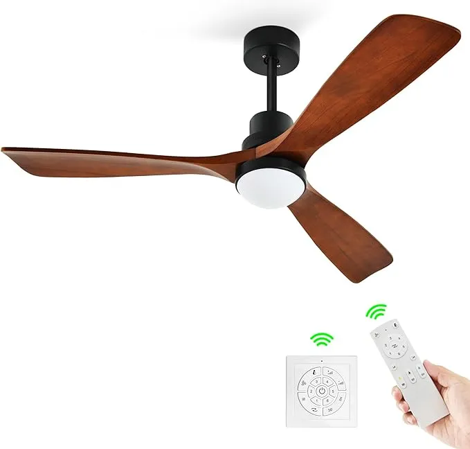 YITAHOME 52" Ceiling Fan with Lights and Wall Switch Remote, Industrial Wood Fan with Quiet Reversible 6 Speeds Motor, Dimmable LED 3 Color, Memory Function for Outdoor Indoor, Black & Walnut