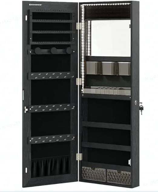 Hanging Jewelry Cabinet Armoire with Built-in Mirror and LED Lights Black