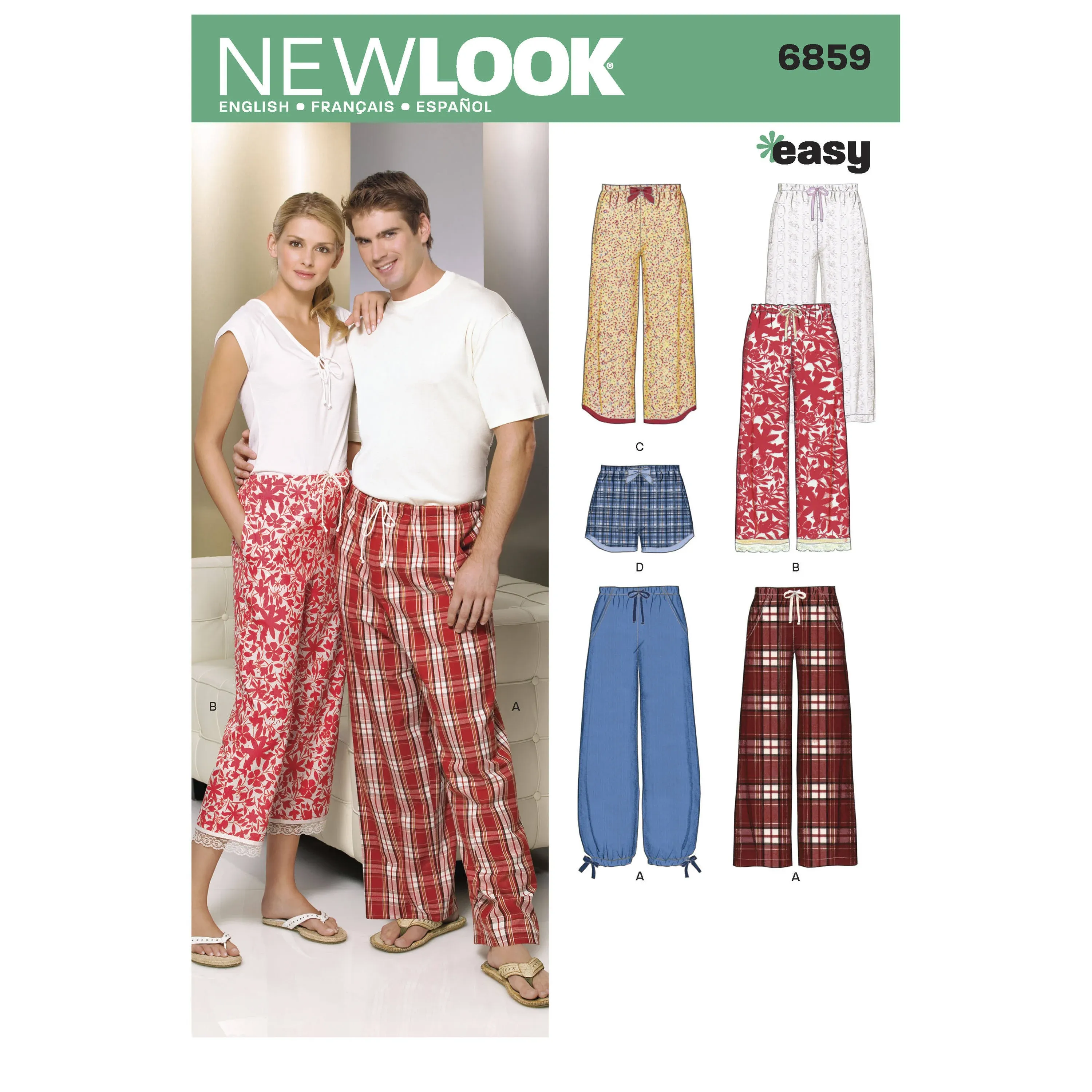 U06859A New Look Sewing Misses&#039; and Mens&#039; Pajama Pants and Shorts Sewing Patt...