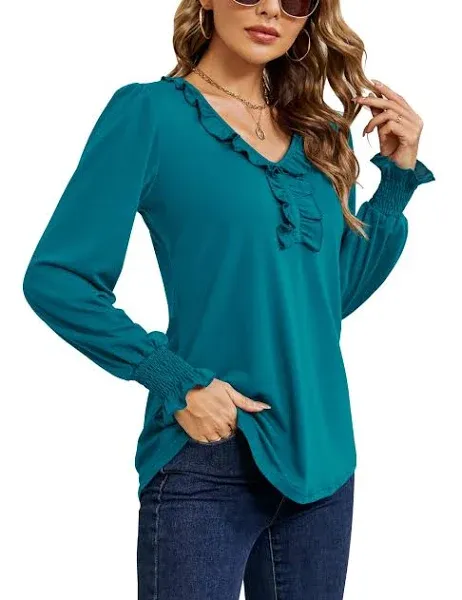 Ivicoer Women's Casual V Neck T Shirts Loose Summer Fall 3/4 Bell Sleeve Tops Ruffle Tunic Blouses