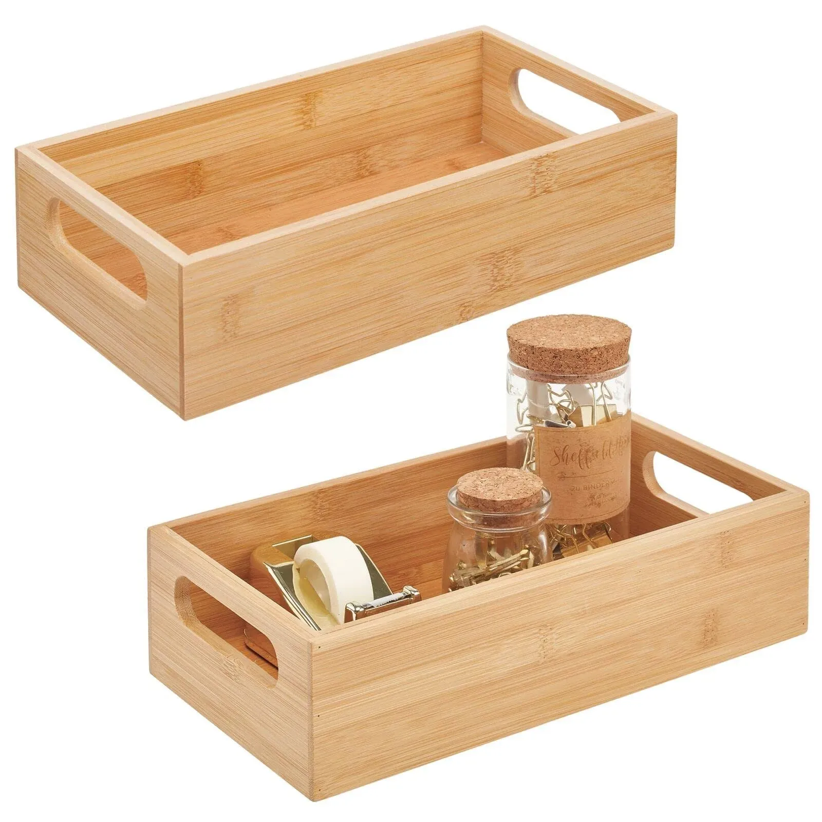 mDesign Bamboo Office Organizer Container Bin with Handles,  2 Pack, Natural/Tan