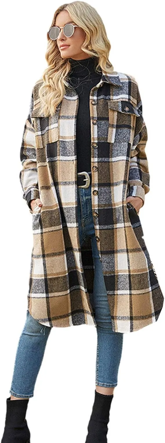 PUWEI Women's Casual Lapel Button Down Long Plaid Shirt Coat Tartan Shacket Jacket