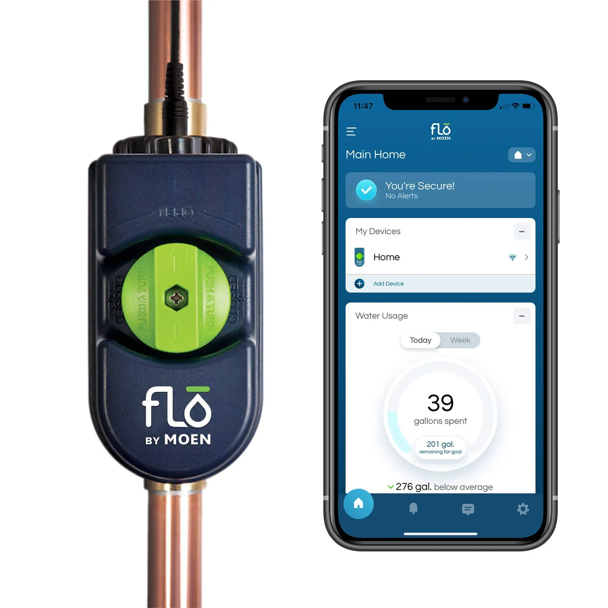 Moen Flo Smart Water Monitor 1-1/4-in to 1-1/2-in Indoor/Outdoor Smart Water Leak Detector with Automatic Shut-off Valve