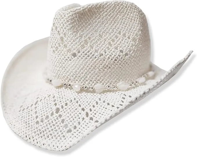 TOVOSO Western Cowgirl Hat, Straw Cowboy Hat for Women with Shapeable Brim, Beaded Hearts Trim, Shapeable Cowboy Hat, White…