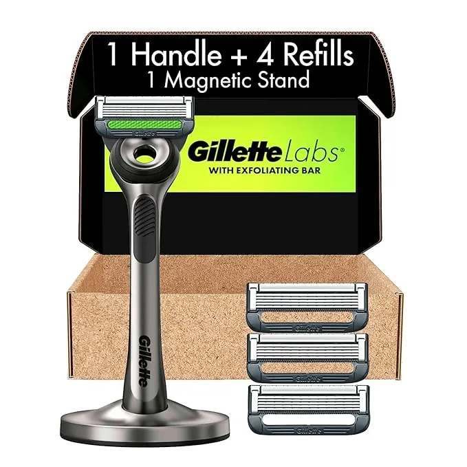 Gillette Labs Exfoliating Bar Razor + 3 Razor Blade Refills, Travel Case & Premium Magnetic Stand