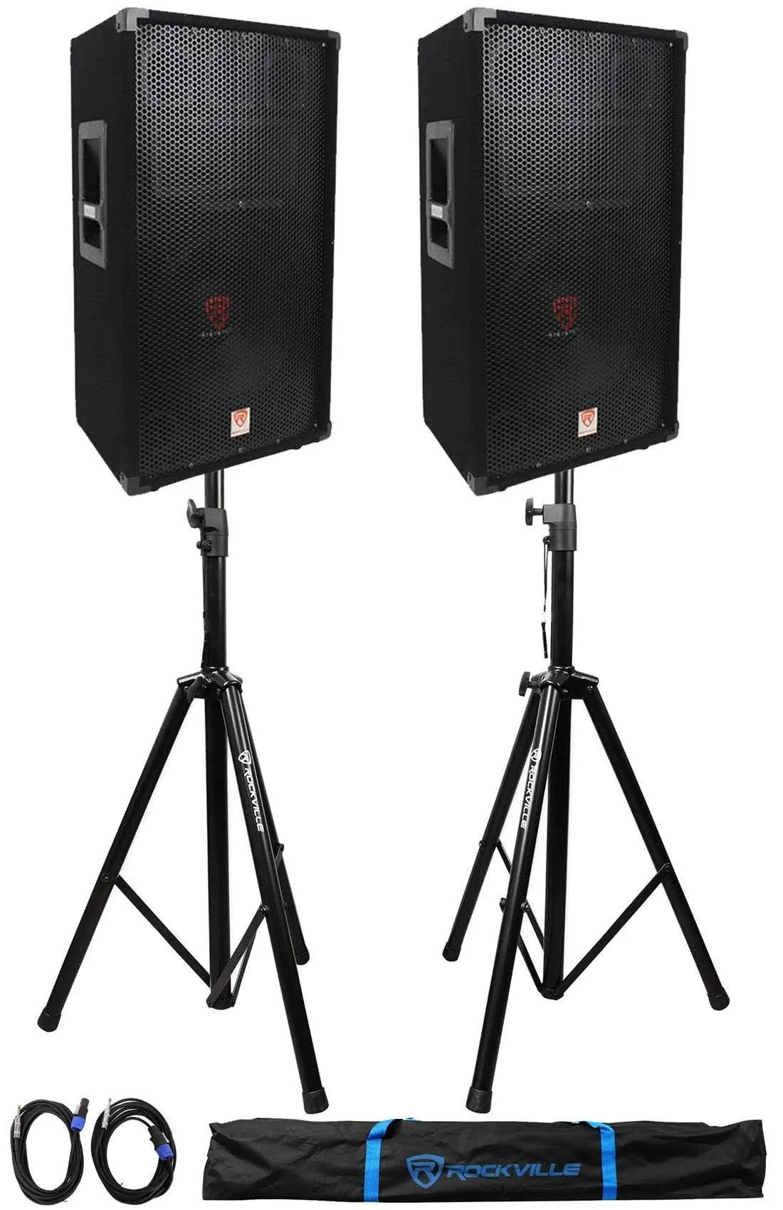 (2) Rockville RSG12 12” 3-Way 1000w 8 Ohm Passive DJ PA Speaker+Stands<wbr/>+Cables