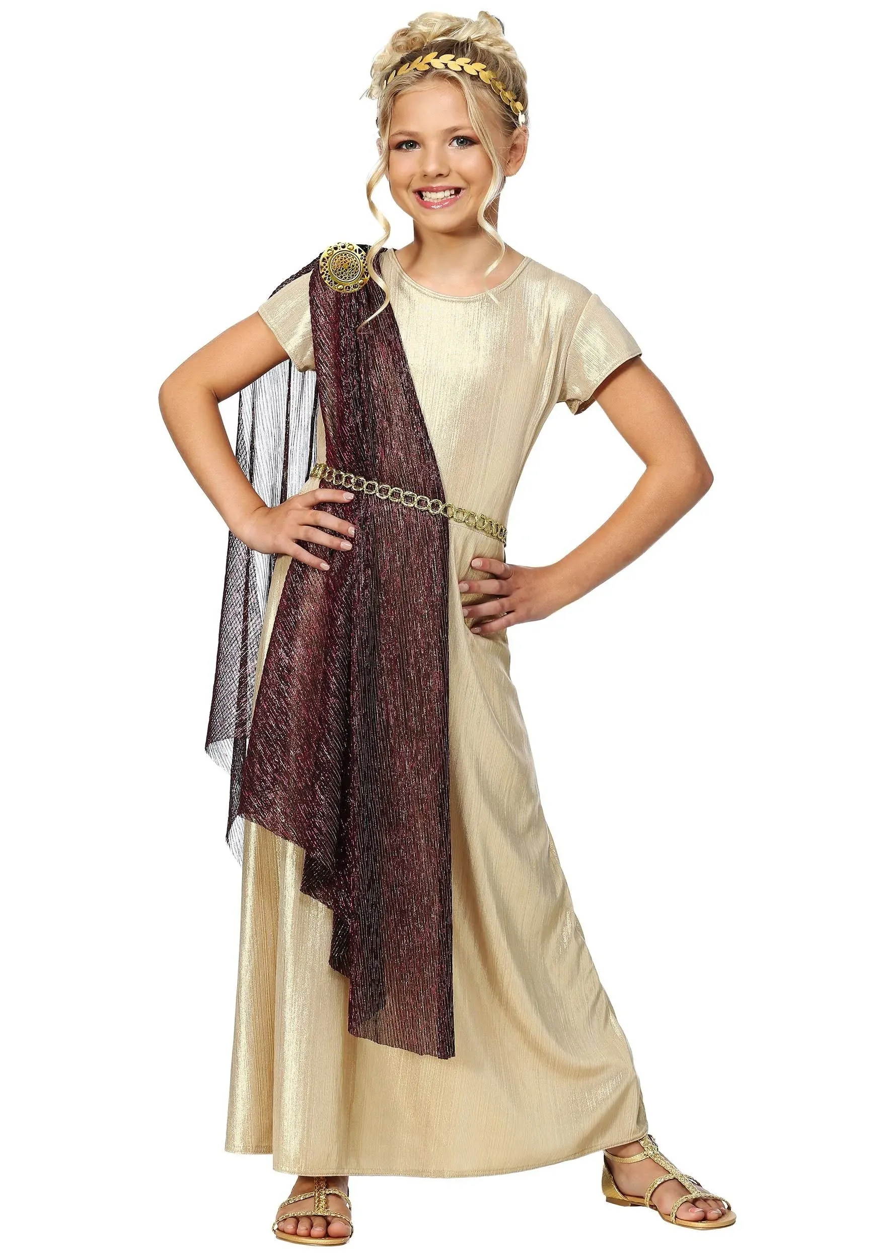 Royal Goddess Costume for Girls, Greek Toga for Dress-Up, Girl's Gold Dress for Halloween & Egyptian Cosplay