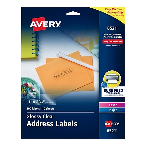 Avery Address Labels, 1" x 2-5/8", Glossy Clear, 300ct (6521)