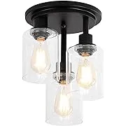 3WWWUEE Semi Flush Mount Ceiling Light,3 Lights Clear Glass Shade, Matte Black Finish,Farmhouse Industrial Rustic Ceiling Light Fixture for Hallway Kitchen Island Entryway Bedroom, E26 Socket,11.2”.