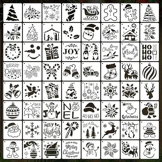 64Pcs Small Christmas Stencils, 3X3 Inch Reusable Craft Stencil for Painting on Wood, Fabric, Paper, Windows, DIY Christmas Ornaments, Cards, Decorations