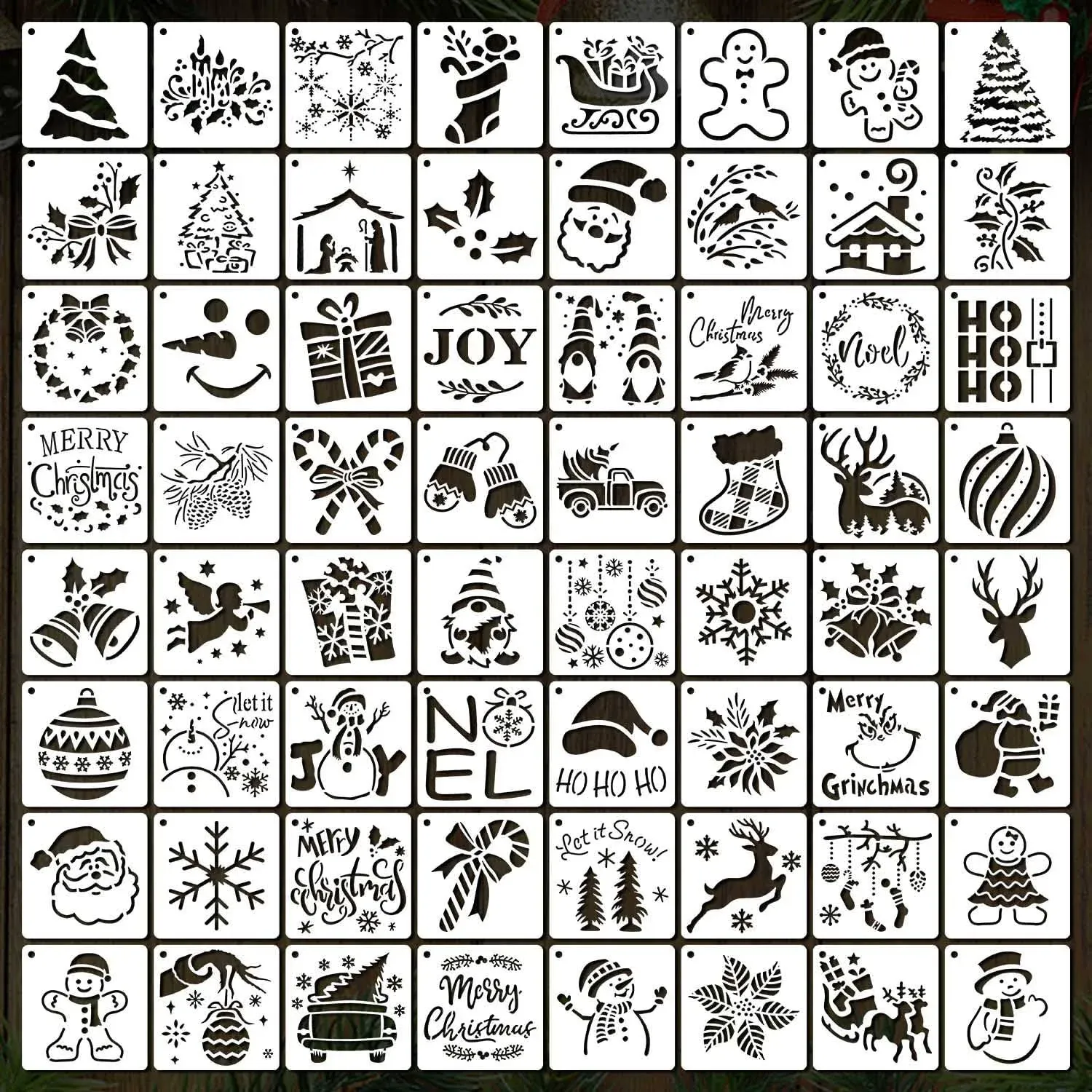 64Pcs Small Christmas Stencils, 3X3 Inch Reusable Craft Stencil for Painting on Wood, Fabric, Paper, Windows, DIY Christmas Ornaments, Cards, Decorations