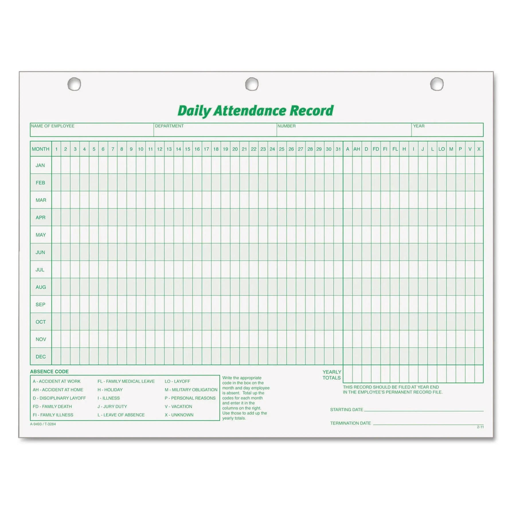 Tops Daily Attendance Card, 8-1/2" x 11" - 50 count