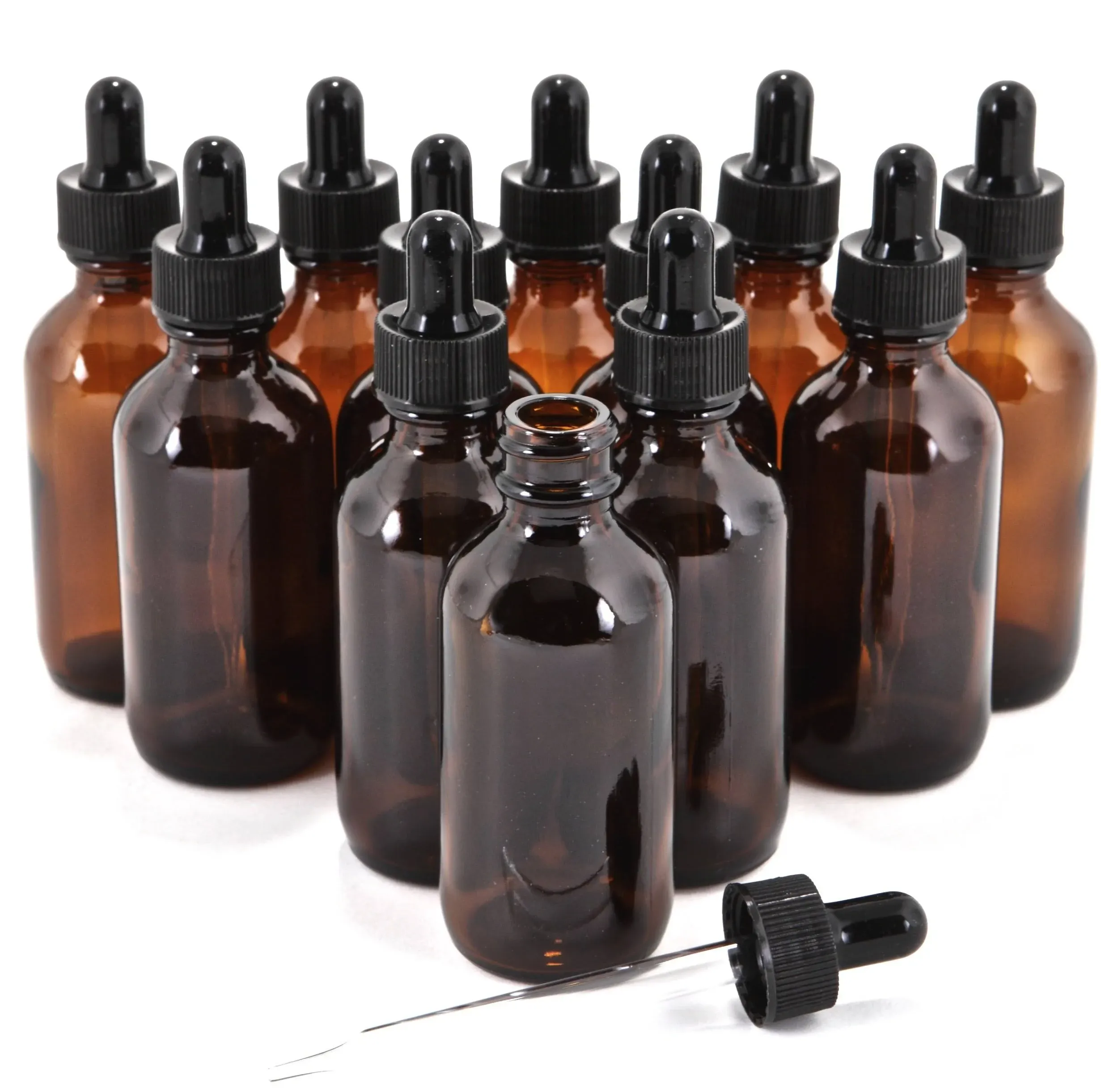 12 Amber 2 oz Glass Bottles with Glass Eye Droppers