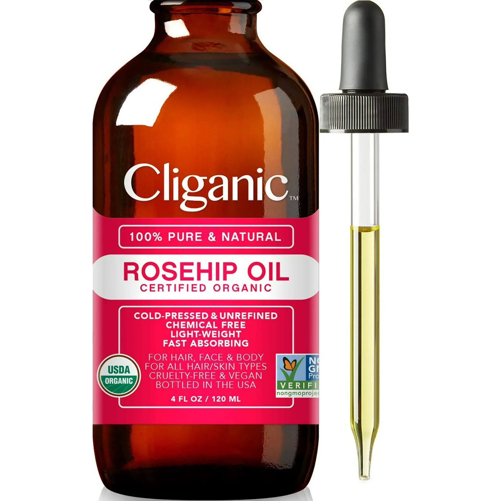 USDA Organic Rosehip Oil for Face, 100% Pure | Natural Cold Pressed Unrefined, Carrier Seed Oil for Skin, Hair & Nails | Certified Organic (120ml) | Cliganic 90 Days Warranty