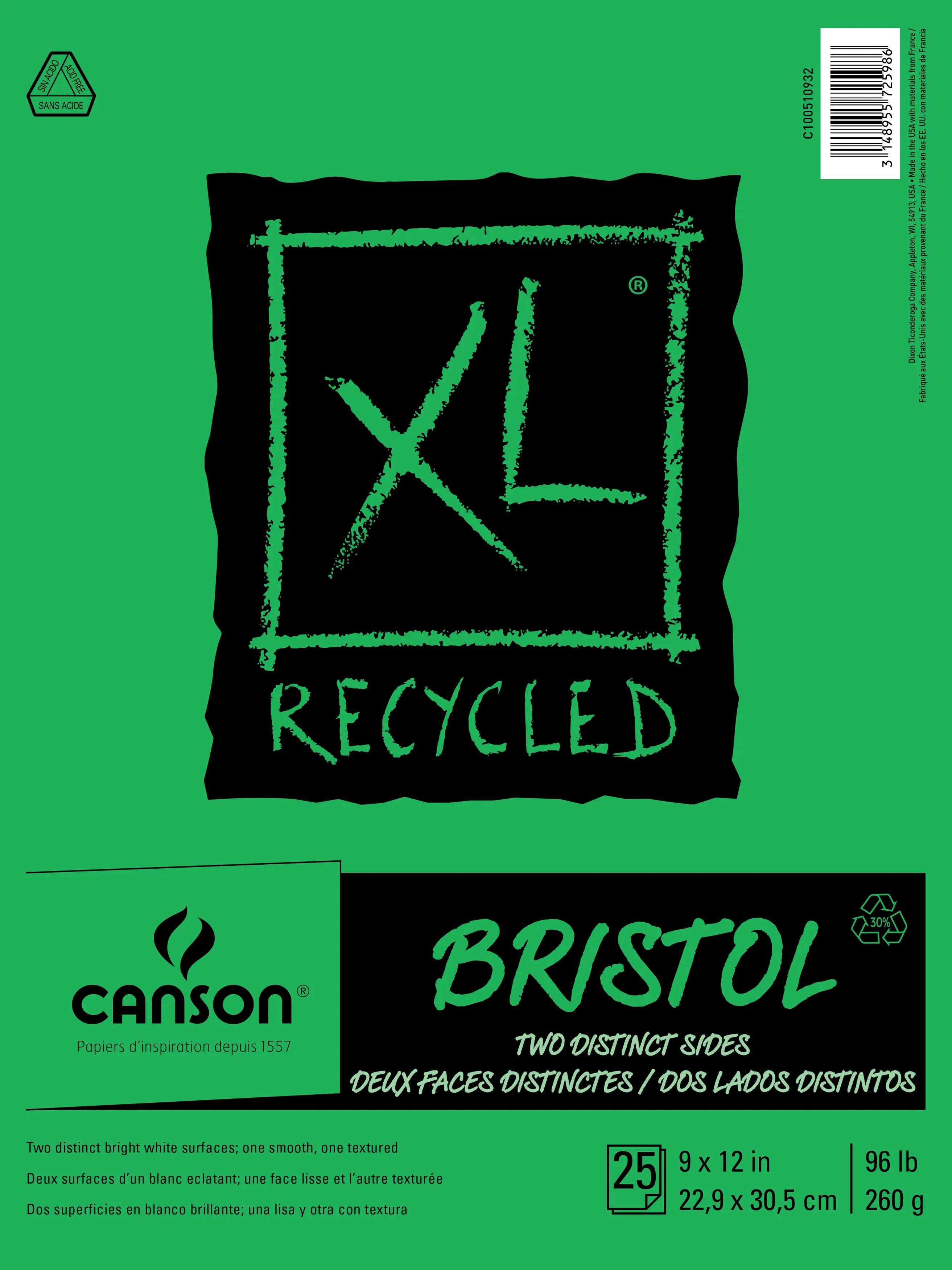 Canson XL Series Recycled Bristol Paper Pad, Dual Sided Smooth and Vellum for Pencil, Marker or Ink, Fold Over, 96 Pound, 9 x 12 In, White, 25 Sheets