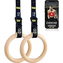 Double Circle Wood Gymnastics Rings with Quick Adjust Numbered Straps and Exercise Videos Guide - Full Body Workout Rings, Calisthenics, Home Gym (Multi-Size)