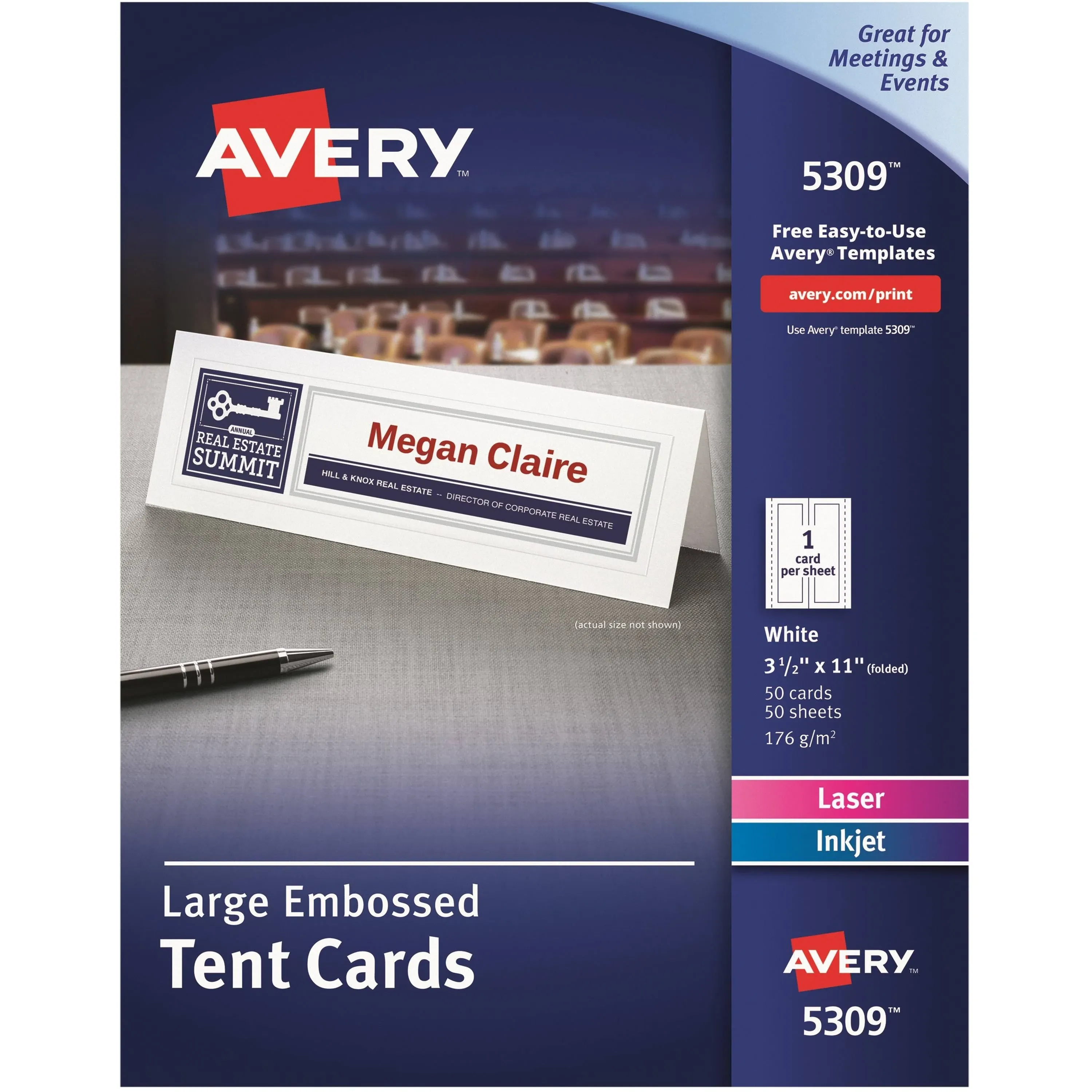 Avery Printable Large Tent Cards, 3.5&#034; x 11&#034;, White With Embossed Border, 50-PK