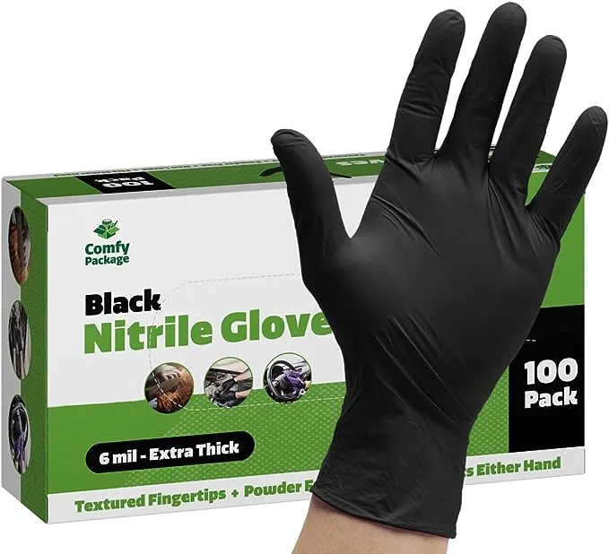 Comfy Package [100 Count] Black Nitrile Disposable Gloves 6 Mil. Extra Strength Latex & Powder Free, Chemical Resistance, Textured Fingertips Gloves