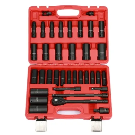 CASOMAN 1/2" Drive Master Impact Socket Set, 36 Piece Deep, Standard SAE (3/8" To 1-1/4") & Metric (10-32 mm) Sizes, Includes Extension Bar (3, 5, 10-inch), Adapters & Ratchet Handle, CR-V Steel