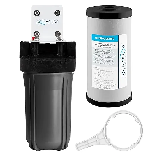 Aquasure Fortitude V2 Series Whole House Multi-Purpose Sediment/Carbon/Siliphos Anti-Rust, Bacteria & Scale Inhibiting Water Filter System, Small Size | Reduces Chlorine, Taste & More (AS-FS-25SPX)