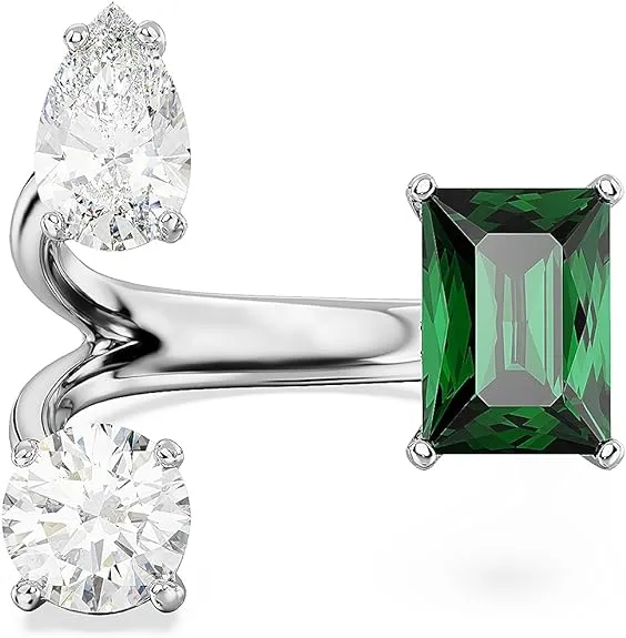 Mesmera open ring, Mixed cuts, Green, Silver-tone finish