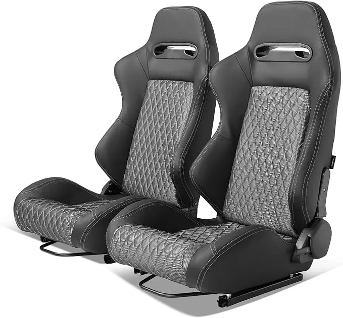 Universal Pair Reclinable Racing Seats + Dual Sliders Shinny Mesh Fabric