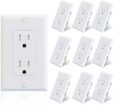 ELEGRP Decorator Wall Receptacle Outlet, Tamper Resistant 15 Amp Standard Electrical Wall Outlet, Residential Grade, Self-grounding, 125V, Wall Plate Included, UL Listed, Glossy White, 10 Pack