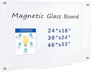 Magnetic Glass Whiteboard, 24" x 18" Glass Dry Erase Board for Wall, Frameless Glass Board with 1 Marker Tray and 3 Magnets for Office, Home, Classroom -Ultra White