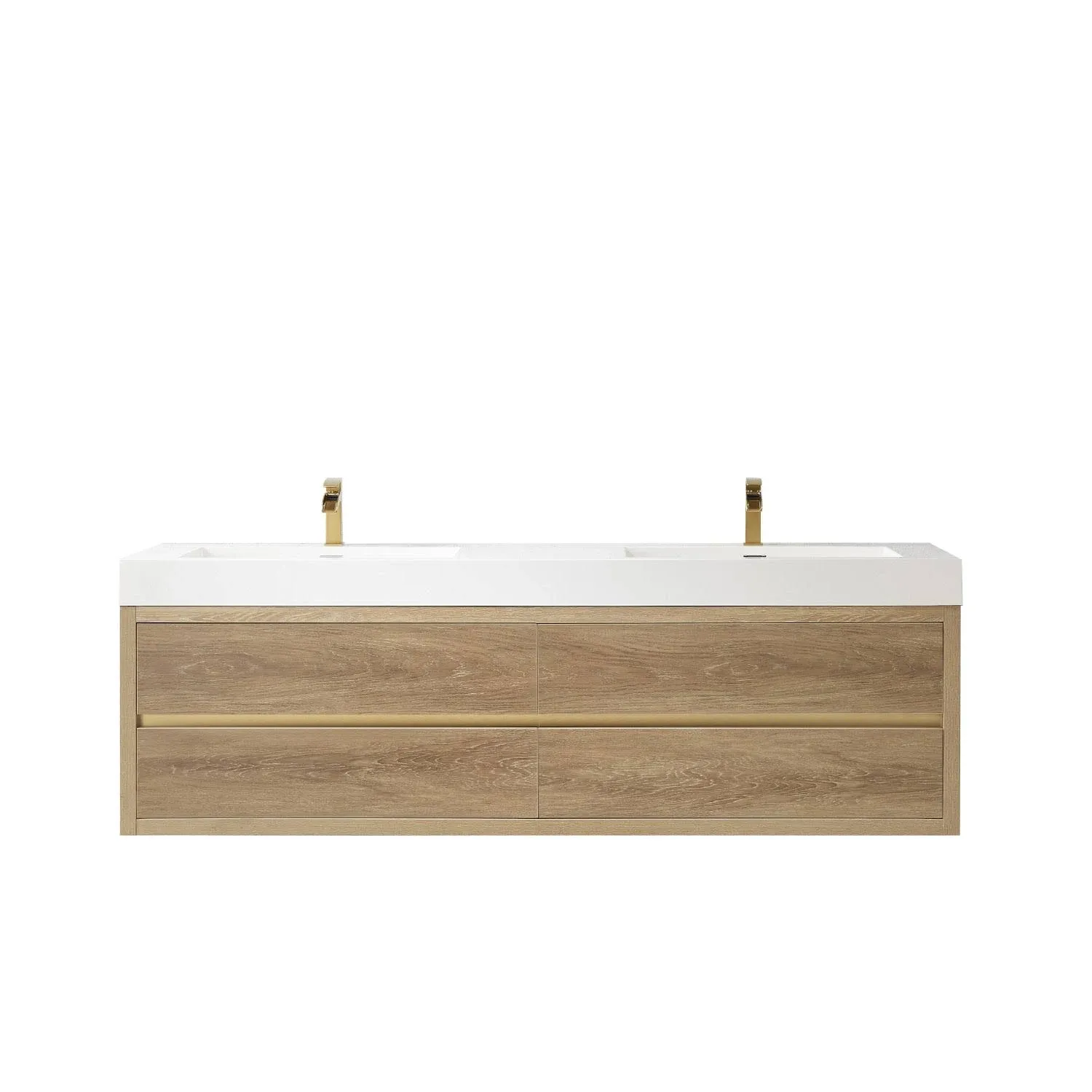 Vinnova Palencia 72" Double Sink Wall-Mount Bath Vanity in North American Oak with White Composite Integral Square Sink Top