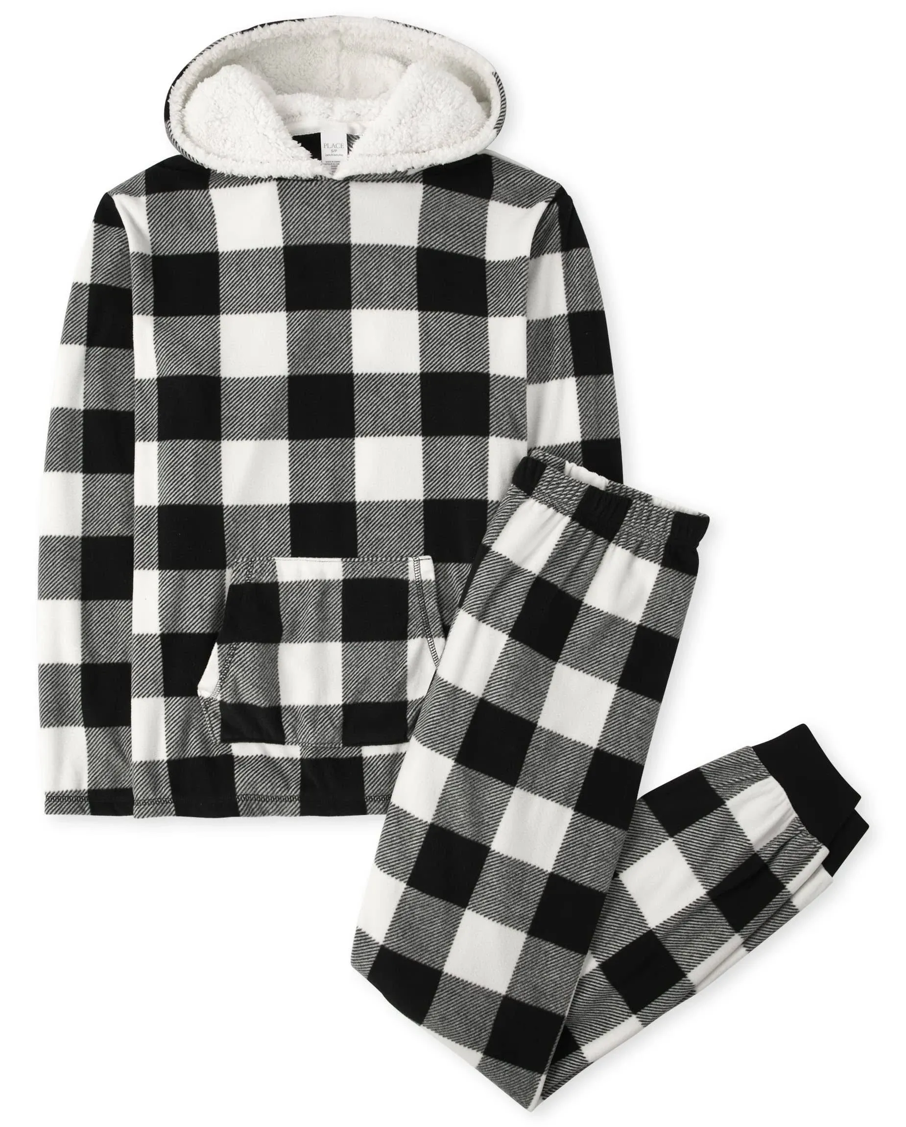 Unisex Adult Matching Family Buffalo Plaid Fleece Pajamas - black