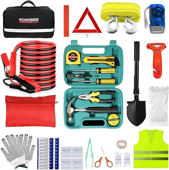 Car Emergency Roadside Tool kit,Road Side Safety Assistance Kit for Women Men Adult,Auto Truck Vehicle Emergency Bag with Shovel Jumper Cable First Aid Kit Blanket Front Rear Cover Alignment Tool