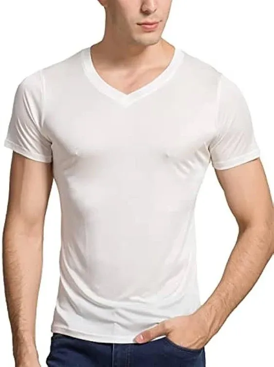 Mens Mulberry Silk T-Shirts Short Sleeve Pure  Shirts V-Neck Undershirt Top