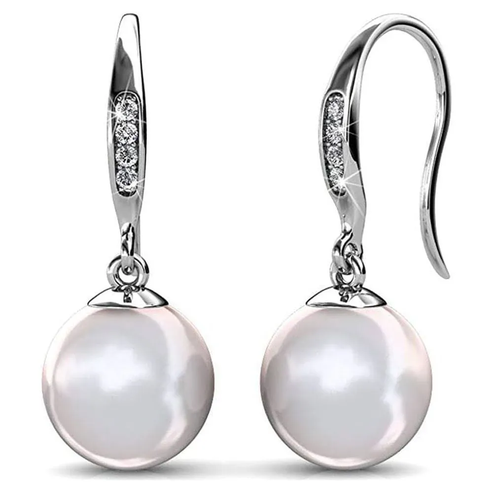 NEW 18K White Gold Plated Round Freshwater Pearl Drop Earrings