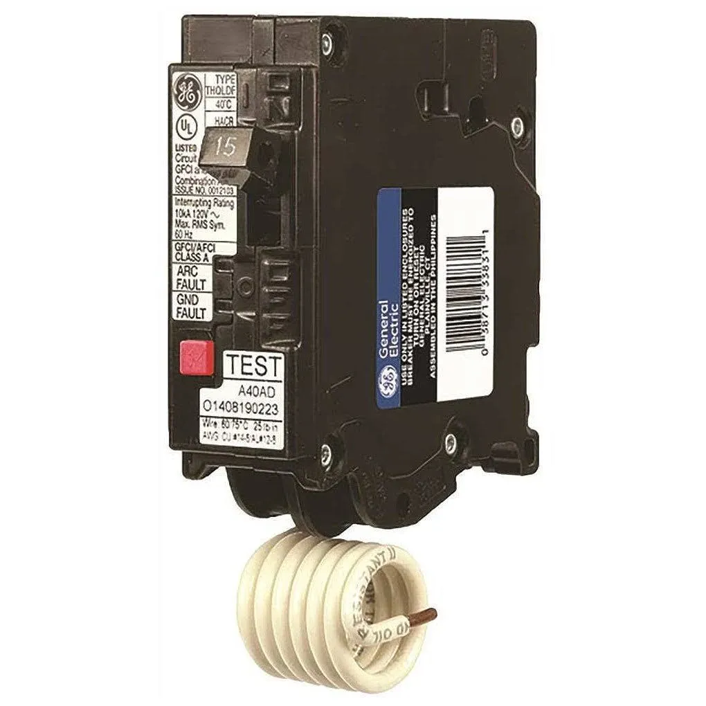 GE THQL1115DF Single-Pole Dual Function Plug-in Afci/Gfci Circuit Breaker, 120 Vac, 15 Amp, 10 Kaic