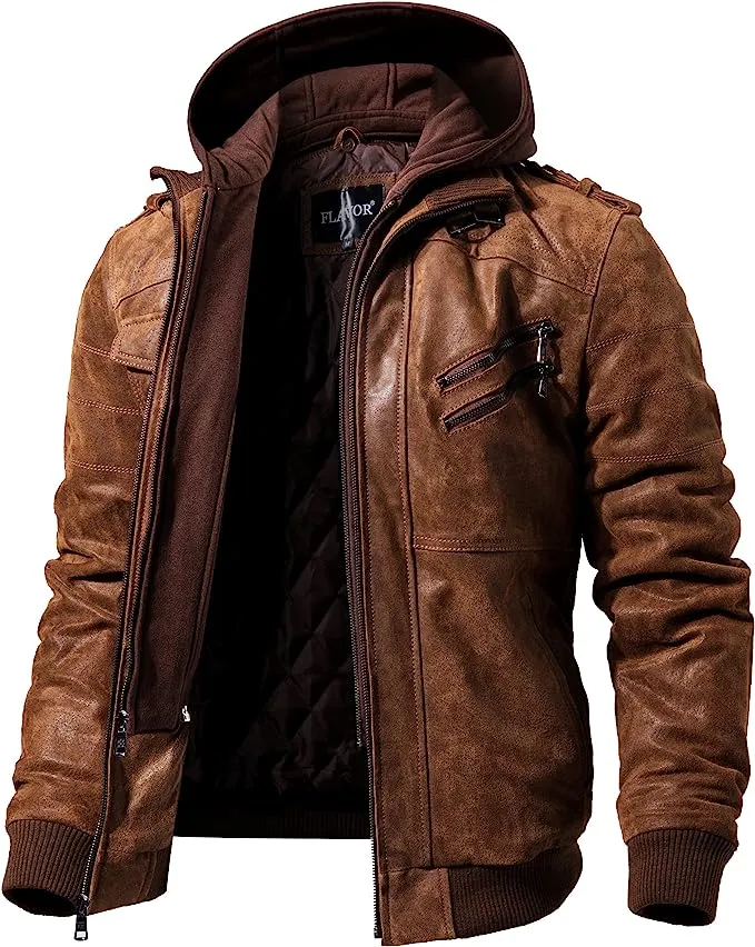 Flavor Men Brown Leather Motorcycle Jacket with Removable Hood