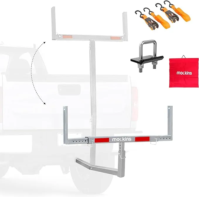 Mockins 2-in-1 Design 750lb Cap. Truck Bed Extender Hitch Mount & Ratchet Straps | Heavy Duty Steel Truck Bed Extenders | Bed Extenders for Trucks, SUV, Vans |for Ladder, Canoe, Kayak, Pipes, Lumber