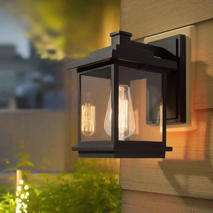 Black Farmhouse Outdoor Wall Lights, Exterior Waterproof Square Lantern Wall Sconces with Clear Glass Shade, Anti-Rust Porch Light Fixtures for Patio, Yard, Garage, Front Door