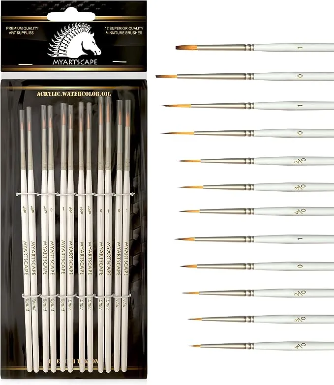 MyArtscape Artist Supplies Miniature Paint Brushes, Set of 12 for Detail & Fine Point Painting - use with Acrylic, Watercolor, Oil, Gouache - for Pinstriping, Warhammer 40k, Models & Lettering White