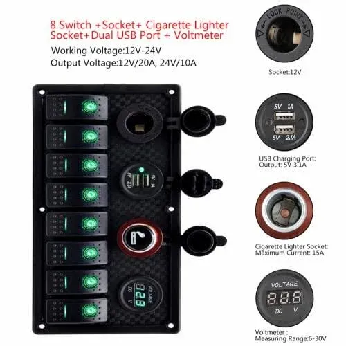 Geloo 8 Gang Marine Rocker Switch Panel, Boat Switch Panel Waterproof, 12V Switch Panel Toggle Switches Panel with LED Circuit Breaker 3.1a USB