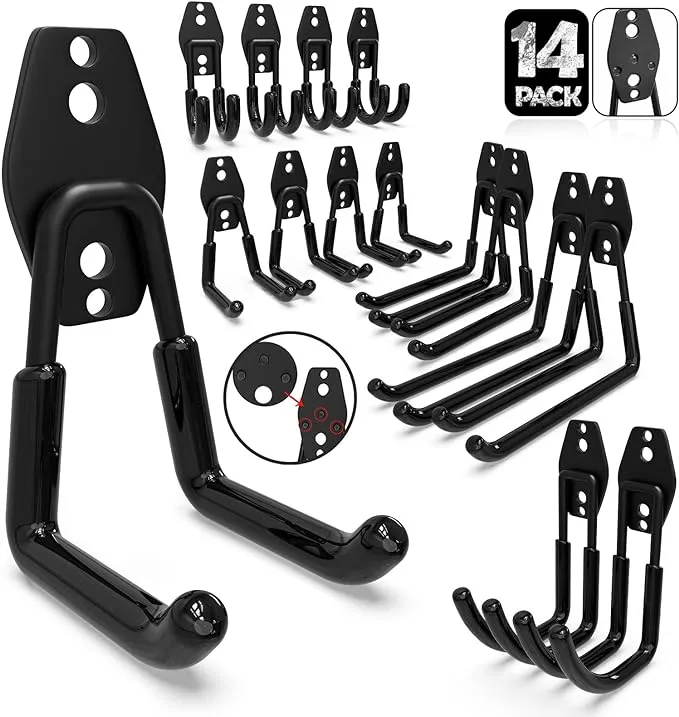 3-H Garage Storage Hooks,Garage Wall Hooks 14 Pack,Garage Hooks with 3 Welding Spot for Organizing Bike, Ladder, Bicycle, Chair, Shovel(Black)