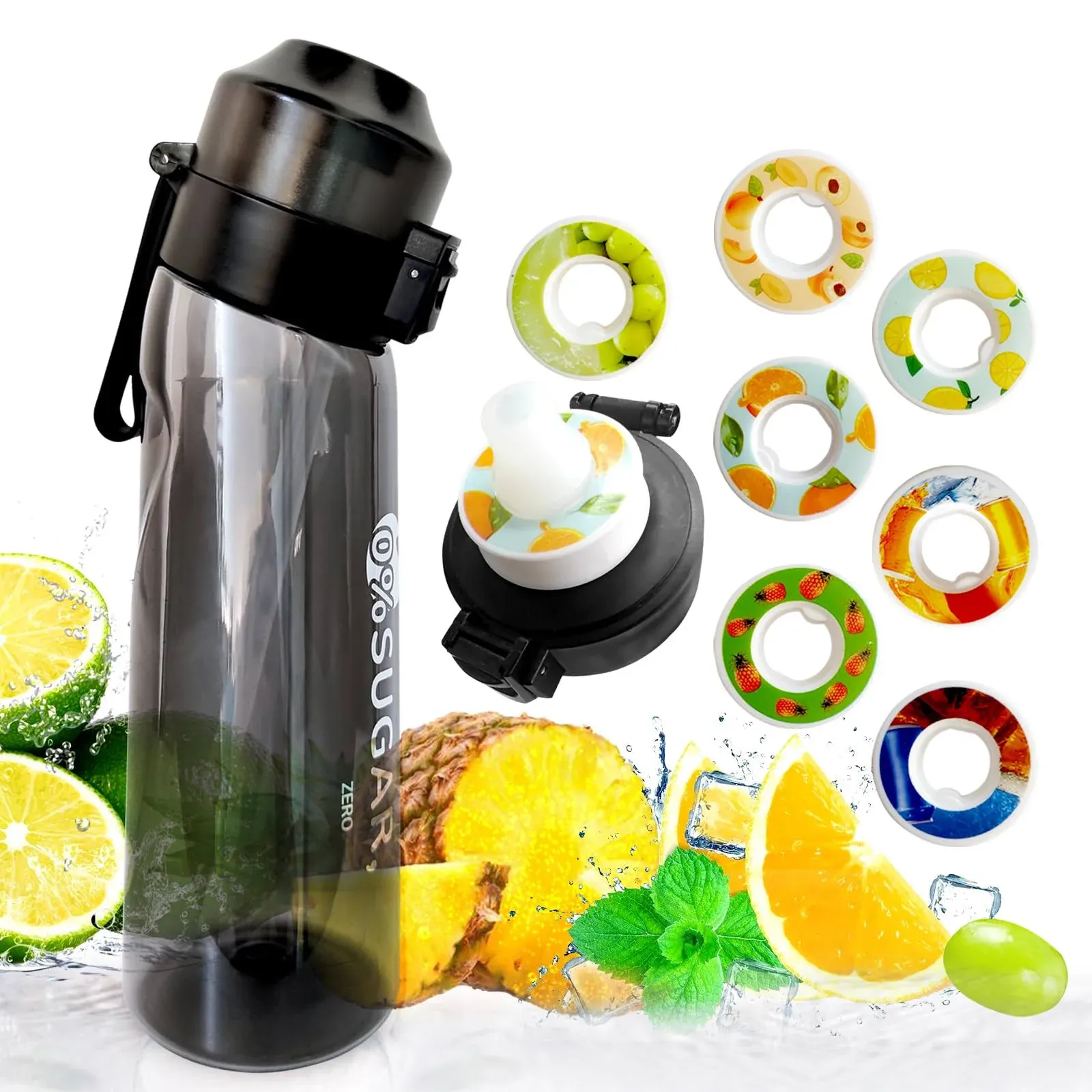 Air Water Bottle, 650ML Fruit Fragrance Water Bottle with Air Flavour Pods, 0% Sugar Water Cup With Straw, Sports Water Bottle Suitable for Outdoor Sports (Black+7Pod)