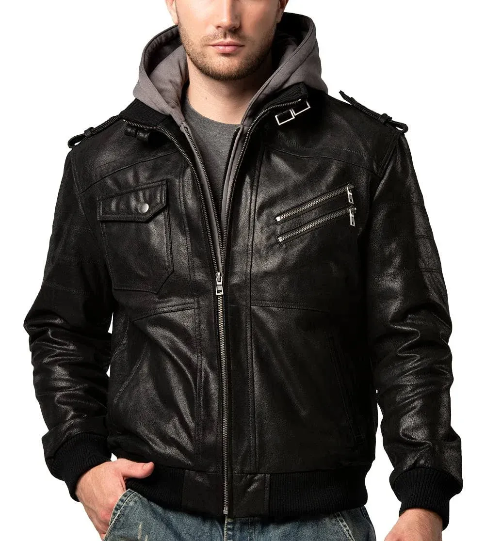 FLAVOR Men Brown Leather Motorcycle Jacket with Removable Hood