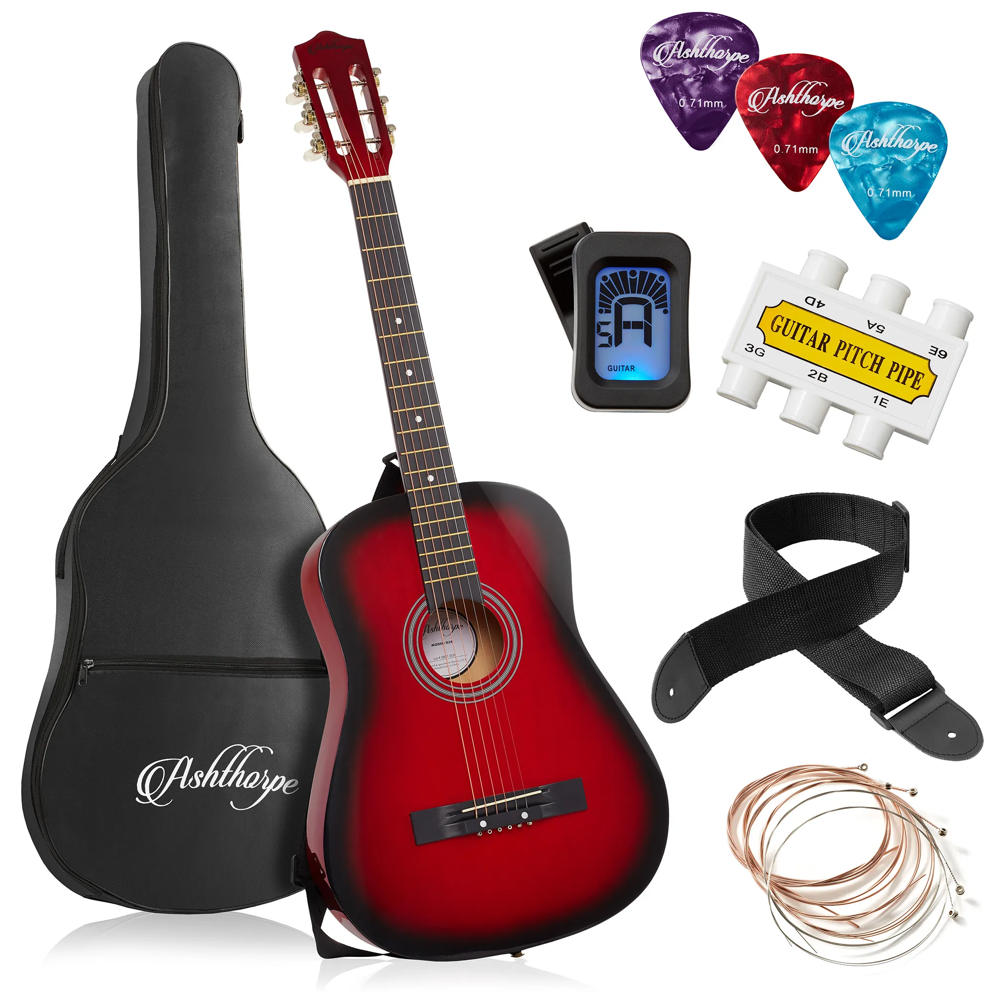 Ashthorpe 38" Beginner Acoustic Guitar Package, Basic Starter Kit with Gig Bag, Strings, Strap, Tuner, Pitch Pipe and Picks, Red